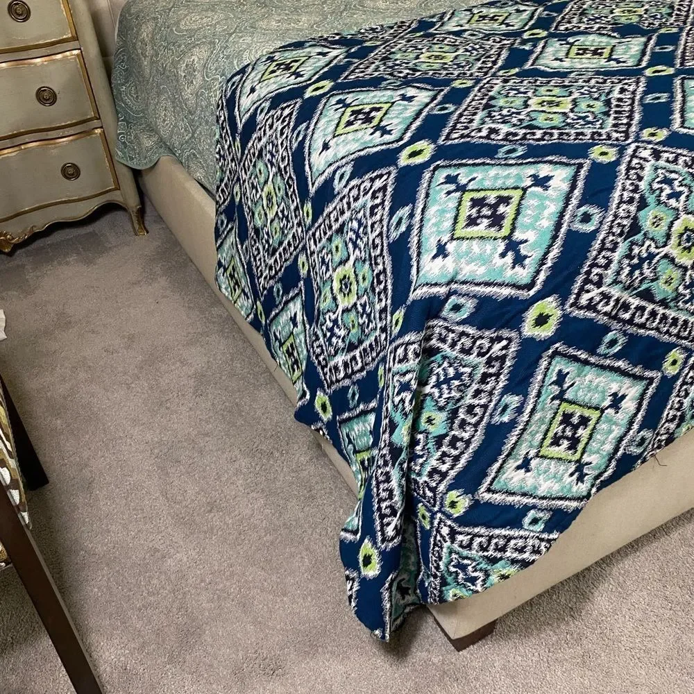 Luxurious Ikat pattern Designer Bed Runner Navy Teal Throw Blanket